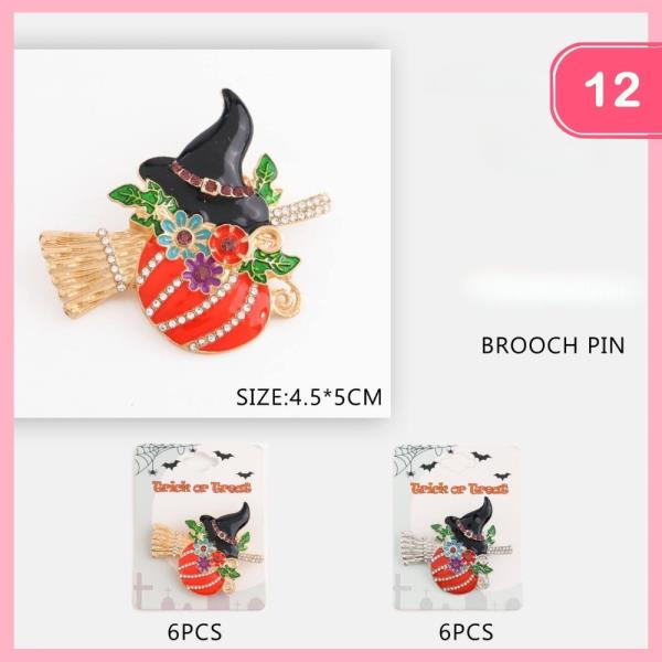HALLOWEEN PUMPKIN WITCH HAT BROOM BROOCH (12 UNITS)