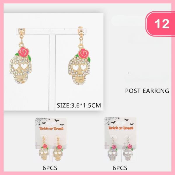 HALLOWEEN RHINESTONE SKULL FLOWER DANGLE EARRING (12 UNITS)