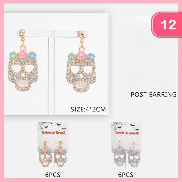HALLOWEEN RHINESTONE SKULL FLOWER DANGLE EARRING (12 UNITS)