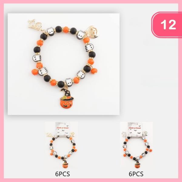 HALLOWEEN BEADED PUMPKIN GHOST CHARM BRACELET (12 UNITS)