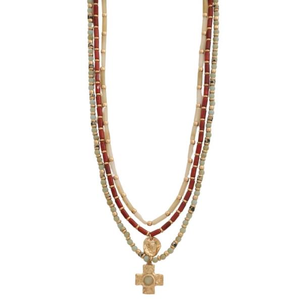 3 LAYERED BEADED CROSS PENDANT NECKLACE