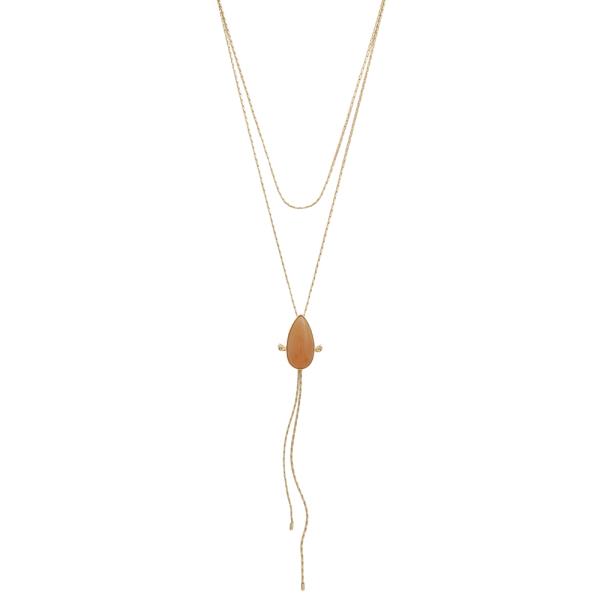 2 LAYERED METAL STONE PENDANT LONG NECKLACE