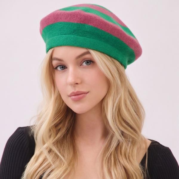 WIDE STRIPED KNIT BERET HAT