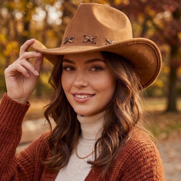 FAUX SUEDE COWBOY HAT WITH LEOPARD STITCHING