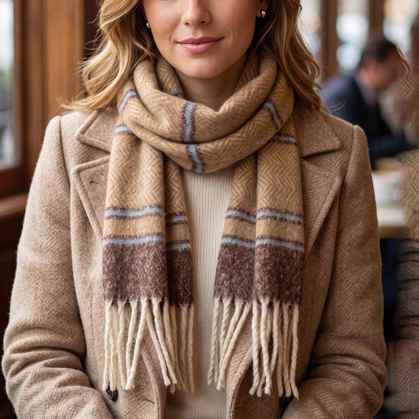 HERRINGBONE ACCENT MULTI-TONE BRUSHED FRINGE SCARF WITH COLOR-FLECKED STRIPES.
