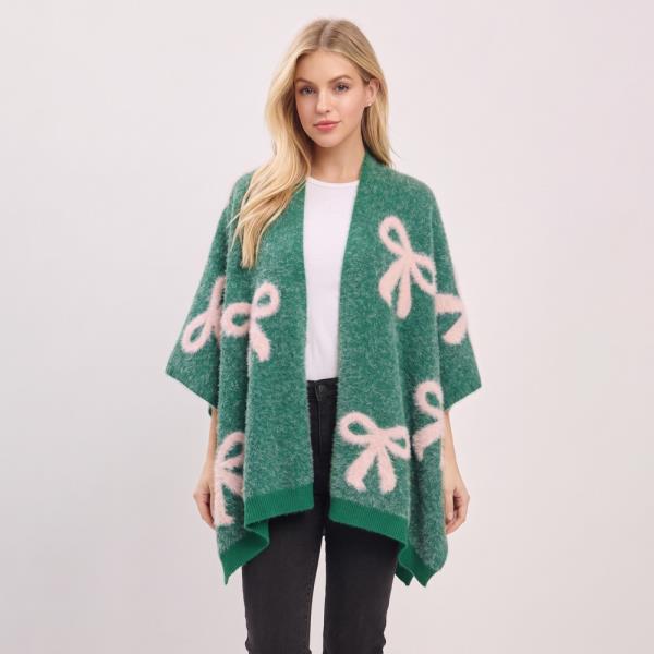 FUZZY BOW EMBOSSED KNIT SHAWL.
