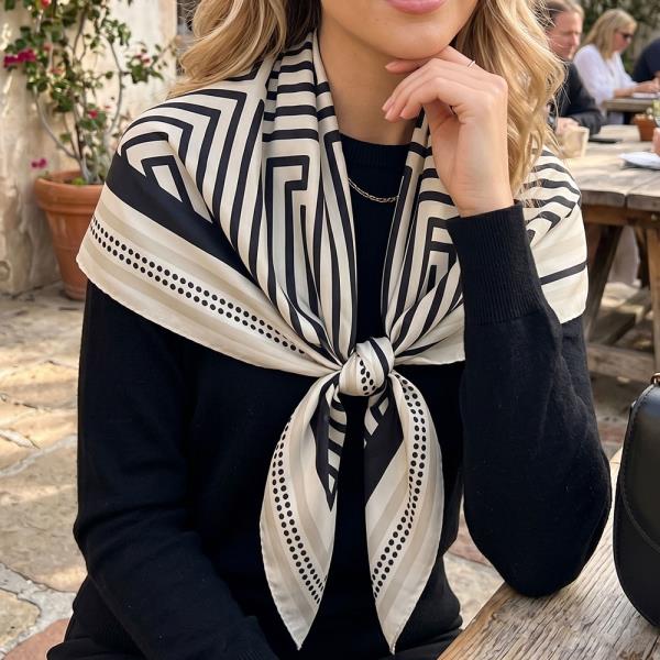 GEOMETRIC BLACK & WHITE  SILK-FEELSQUARE SCARF