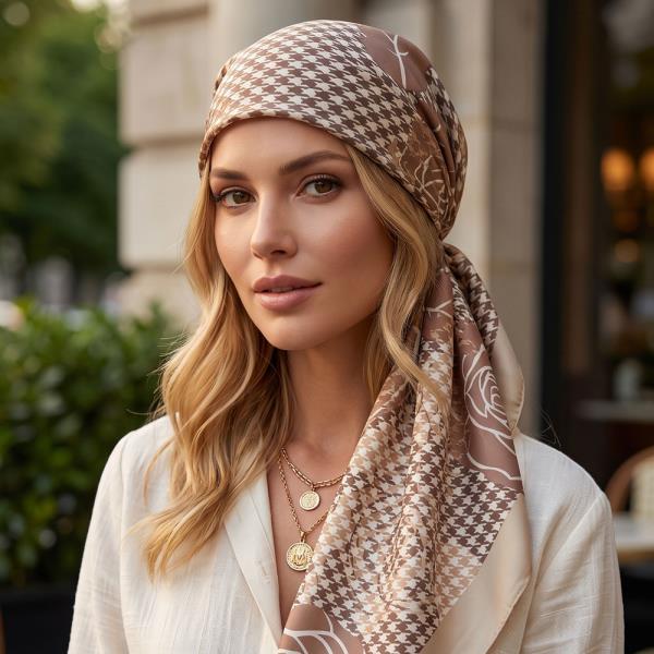 VINTAGE ROSE & HOUNDSTOOTH SILK-FEEL SQUARE SCARF