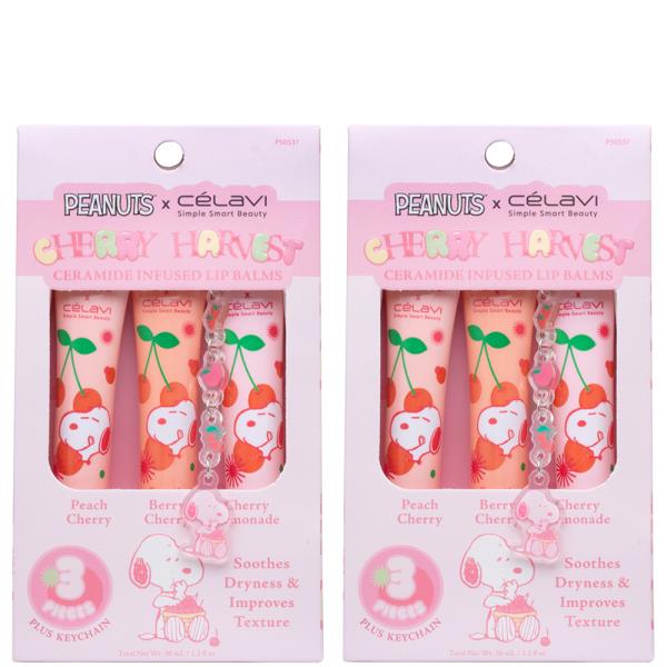 CELAVI X PEANUTS CHERRY HARVEST CERAMIDE INFUSED 3PC LIP BALMS W KEYCHAIN SET (2 UNITS)