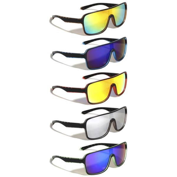 BASIC MIRROR SHIELD LENS DUO TONE FROSTED CRYSTAL RECTANGLE SPORTS SUNGLASSES 1DZ
