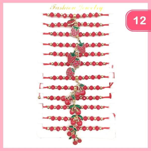 BEADED CHERRY STRAWBERRY CHARM BRACELET (12 UNITS)