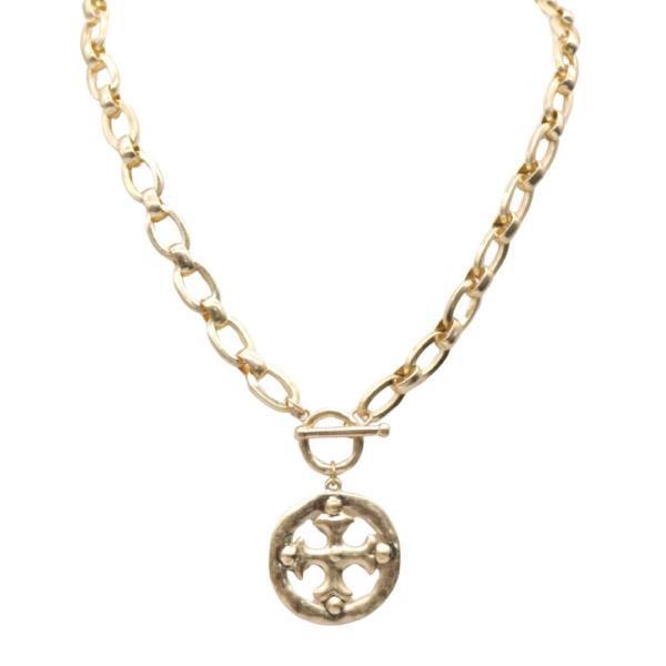 METAL CHAIN ROUND CROSS PENDANT NECKLACE