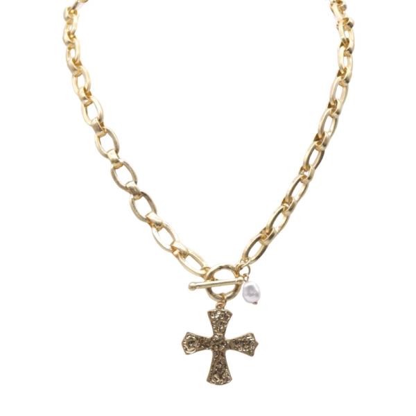 METAL PEARL CROSS PENDANT NECKLACE