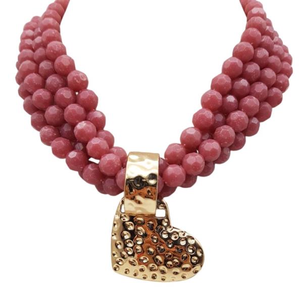 MULTI BEADED LAYERED HEART PENDANT STATEMENT NECKLACE