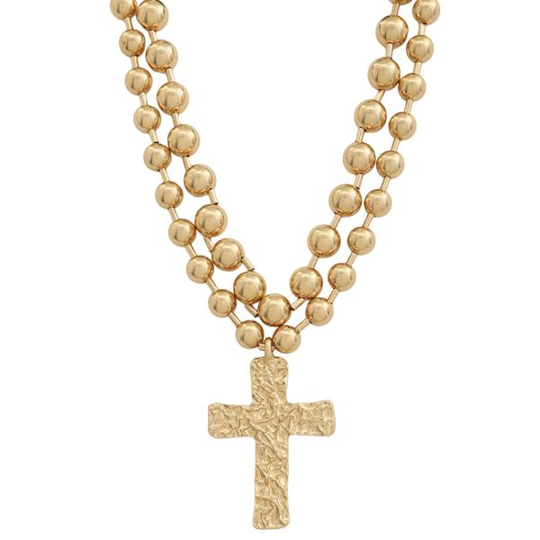 HAMMERED CROSS PENDANT BEAD LAYER NECKLACE