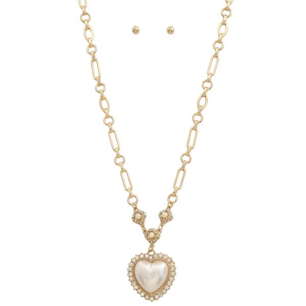 RHINESTONE PEARL HEART PENDANT CHAIN LINK NECKLACE EARRING SET