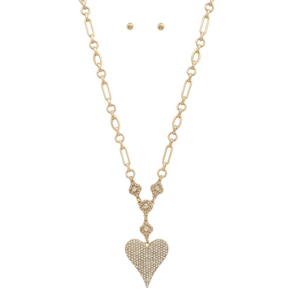 RHINESTONE HEART PENDANT CHAIN LINK NECKLACE EARRING SET