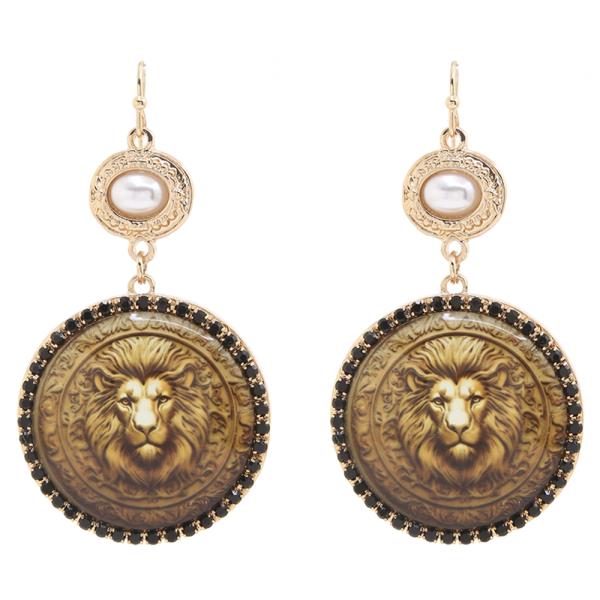 STRIKING LION HEAD MEDALLION PEARL ROUND EARRING