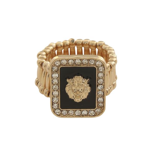 SQUARE RHINESTONE SCULPTED LION HEAD METAL RING