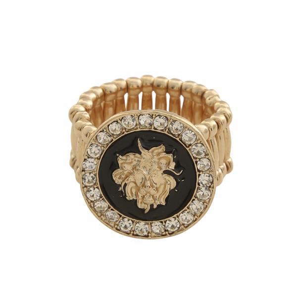 ROUND RHINESTONE SCULPTED LION HEAD METAL RING