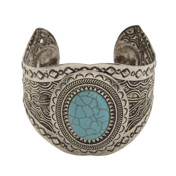 OVAL TURQUOISE STONE ENGRAVING WESTERN DESIGN CUFF BRACELET