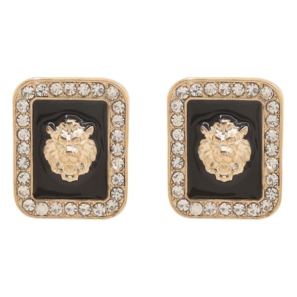 GEOMETRIC RHINESTONE ACCENTED LION HEAD STUD EARRING