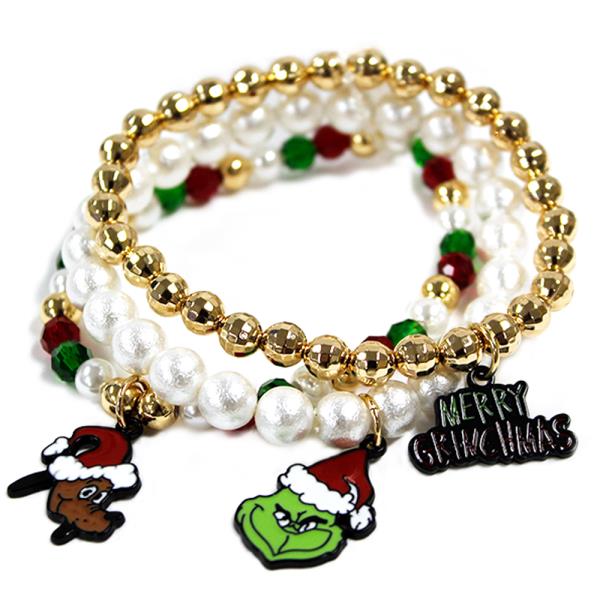 CHRISTMAS GREEN MONSTER MULTI CHARM STRETCH BRACELET SET