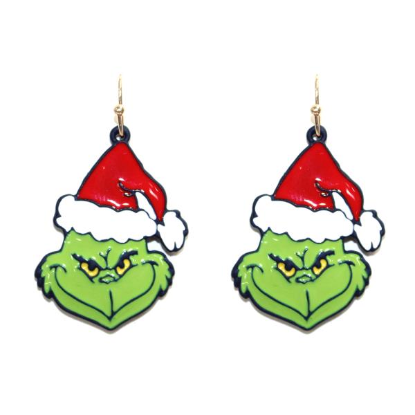 CHRISTMAS GREEN MONSTER FACE DANGLE EARRING