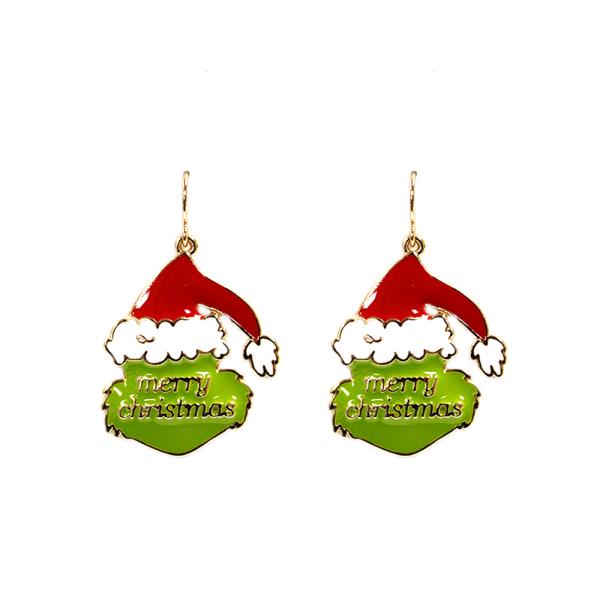 CHRISTMAS GREEN MONSTER SANTA DANGLE EARRING