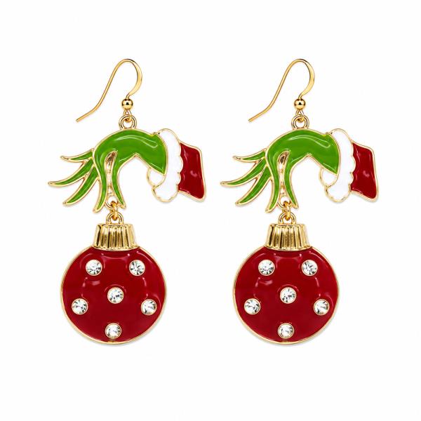 CHRISTMAS GREEN MONSTER ORNAMENT RHINESTONE DANGLE EARRING