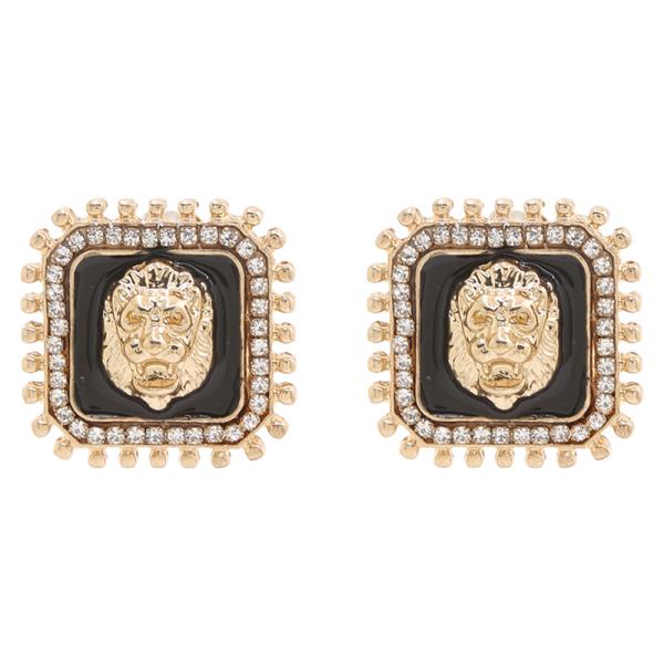 SQUARE RHINESTONE LION HEAD STUD EARRING