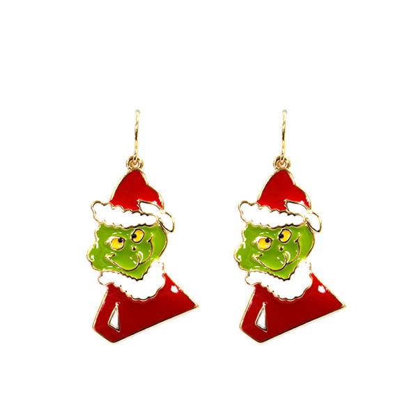 CHRISTMAS GREEN MONSTER SANTA HAT DANGLE EARRING