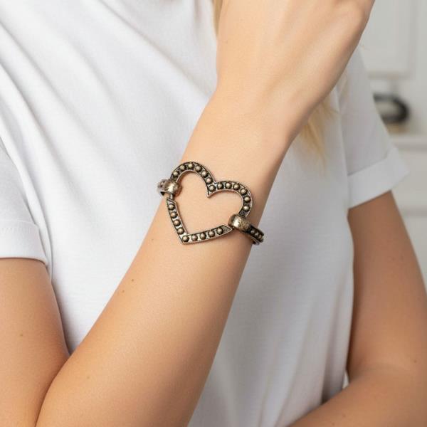 HEART OXIDIZED CROSS CUFF BANGLE BRACELET