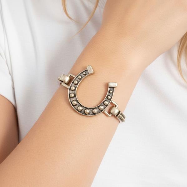HORSESHOE OXIDIZED CROSS CUFF BANGLE BRACELET