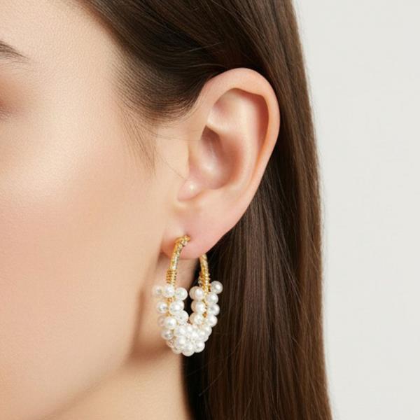 ORIGINAL GOLD/RHODIUM PLATED PEARL CLUSTER HOOP EARRINGS