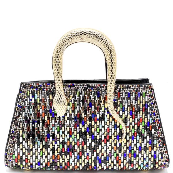 STYLISH SPARKLE BLING TEXTURED SNAKE HANDLE EVENING BAG