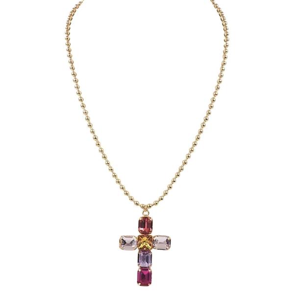 GLASS STONE CROSS PENDANT NECKLACE