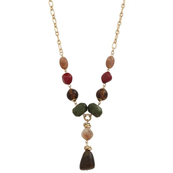 MULTI COLORED STONE RESIN BEAD DROP PENDANT CHAIN LINK NECKLACE