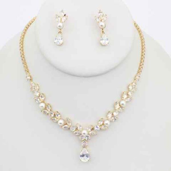 PEARL CZ FLORAL TEARDROP EARRING NECKLACE SET