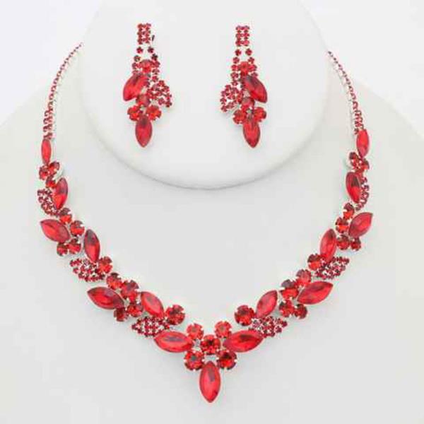 RHINESTONE CRYSTAL STONE MARQUISE LEAF EARRING NECKLACE SET