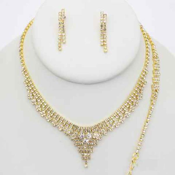 RHINESTONE MULTI ROW Y 3 PIECE EARRING NECKLACE BRACELET SET