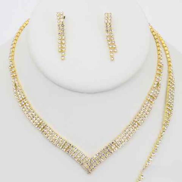 RHINESTONE MULTI ROW V 3 PIECE EARRING NECKLACE BRACELET SET