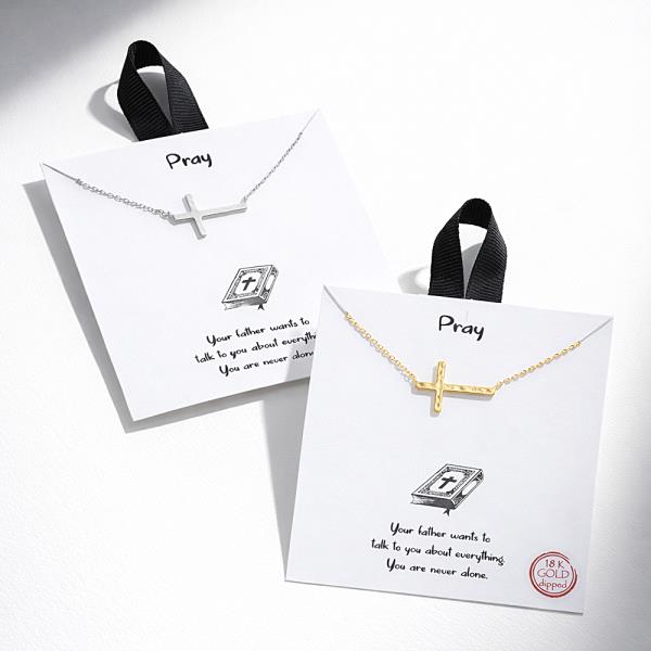 18K GOLD RHODIUM PRAY CROSS PENDANT NECKLACE