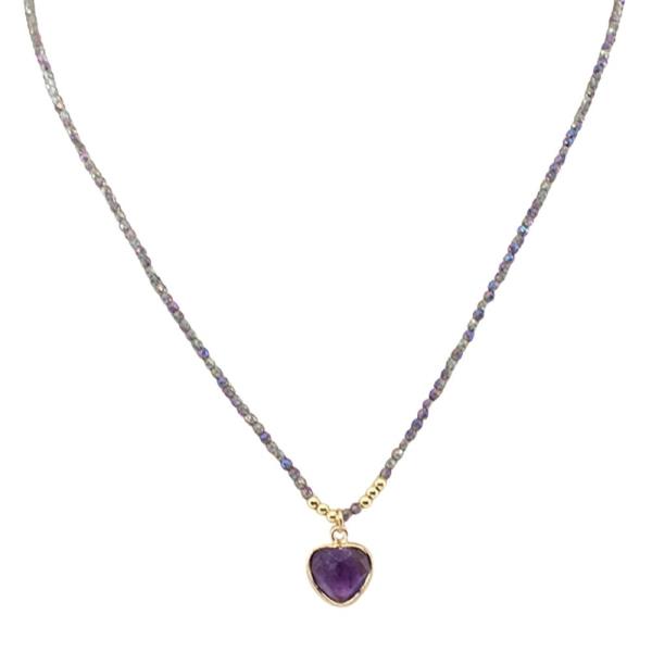 GLASS BEAD WITH HEART CHARM LABRADORITE NECKLACE