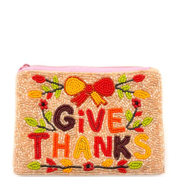 SEED BEAD THANKSGIVING GIVE THANKS BOW FLORAL COIN PURSE BAG