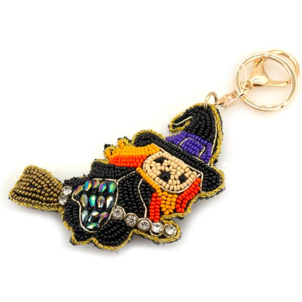 HALLOWEEN SEED BEAD RHINESTONE WITCH BROOM BAG CHARM KEYCHAIN