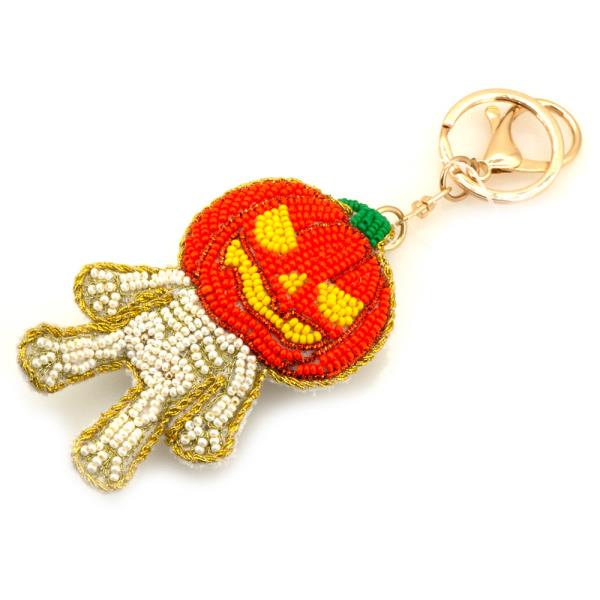 HALLOWEEN SEED BEAD PUMPKIN SKELETON HAND BAG CHARM KEYCHAIN