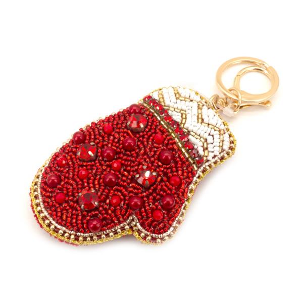 CHRISTMAS SEED BEAD RHINESTONE MITTEN BAG CHARM KEYCHAIN