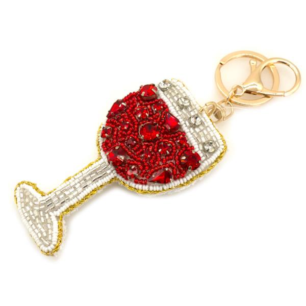 SEED BEAD RHINESTONE WINE GLASS BAG CHARM KEYCHAIN