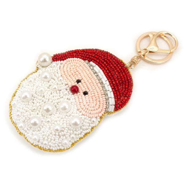 CHRISTMAS PEARL SEED BEAD SANTA BAG CHARM KEYCHAIN